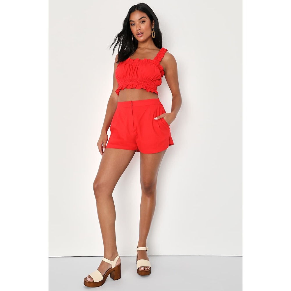 Lulus Hotter Temps Red Linen Ruffled Two-Piece Romper‎ Set NWT Medium